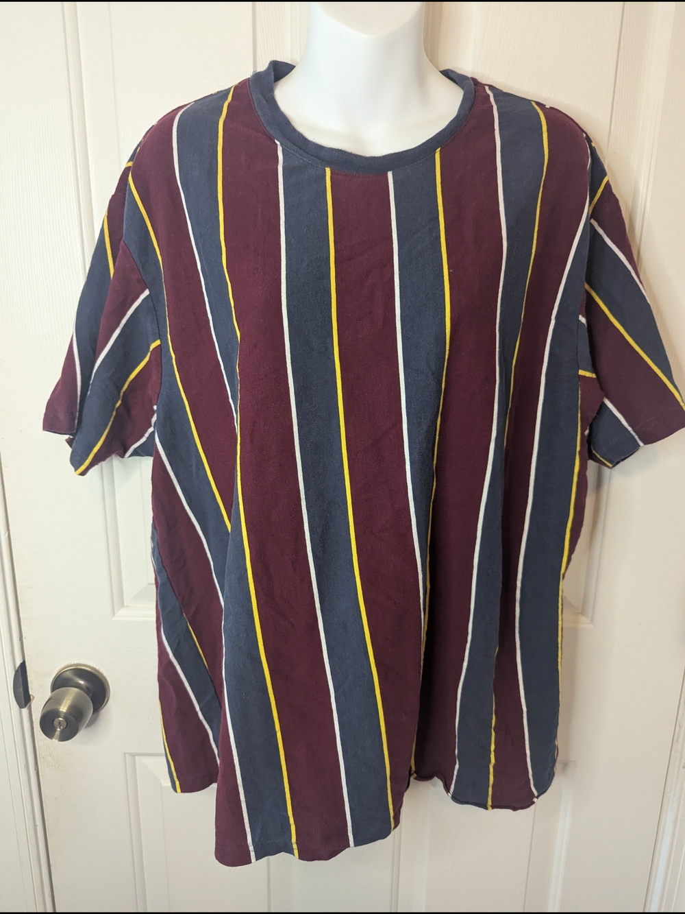 Cotton On Burgundy, Navy & Yellow Striped Short Sleeve Tee